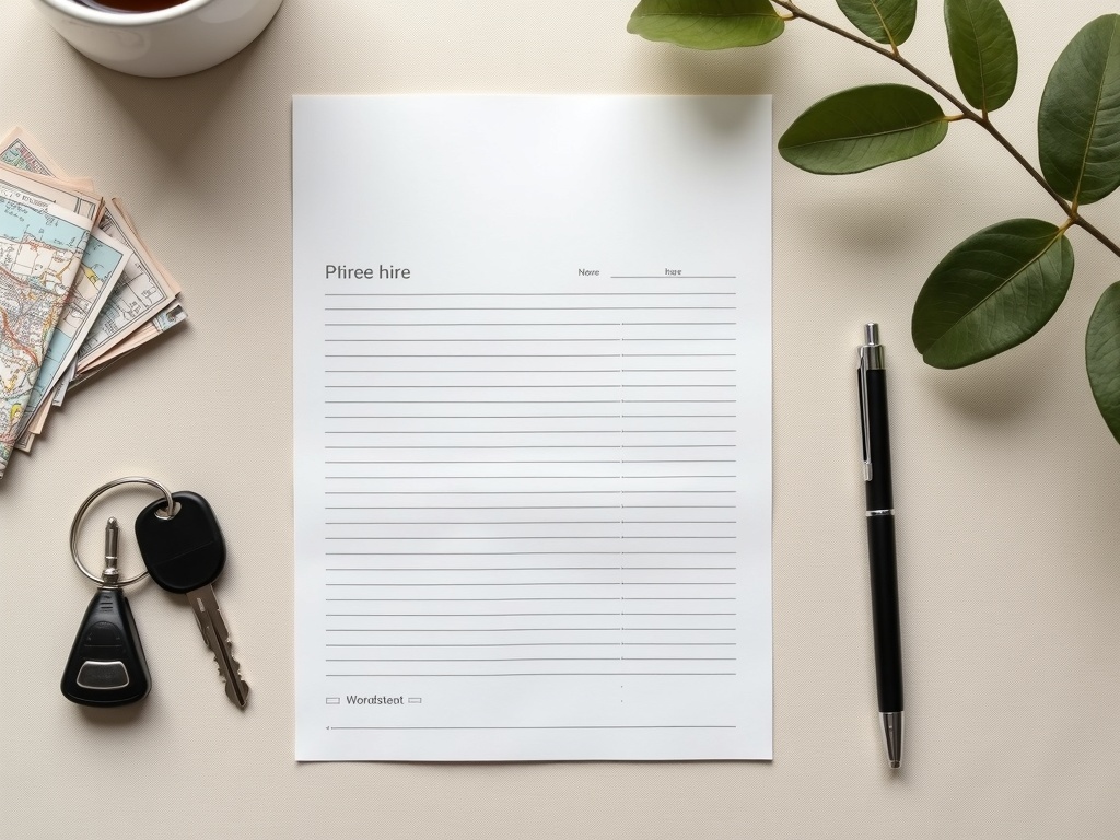 Overhead view of a printed Labuan Bajo car hire worksheet with a pen and vehicle keys on a linen desk