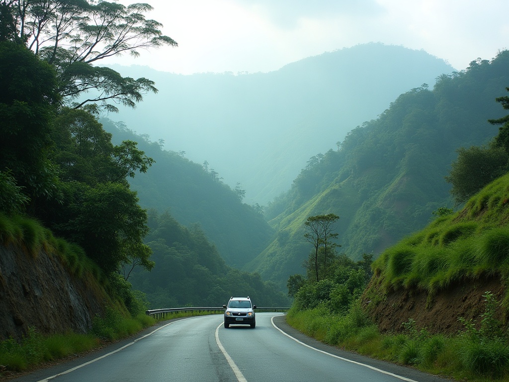 A car on a winding sealed mountain road through terraced green hills in central Flores