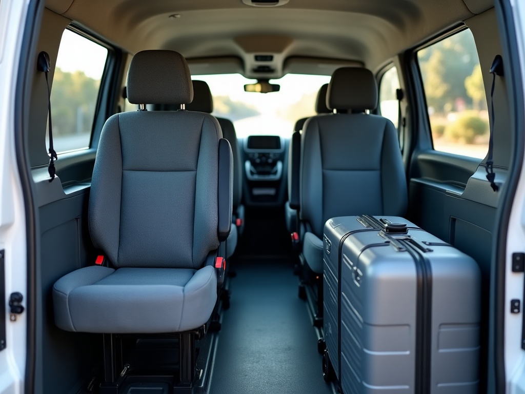 Interior of a clean Toyota HiAce group van showing passenger seats and stowed luggage